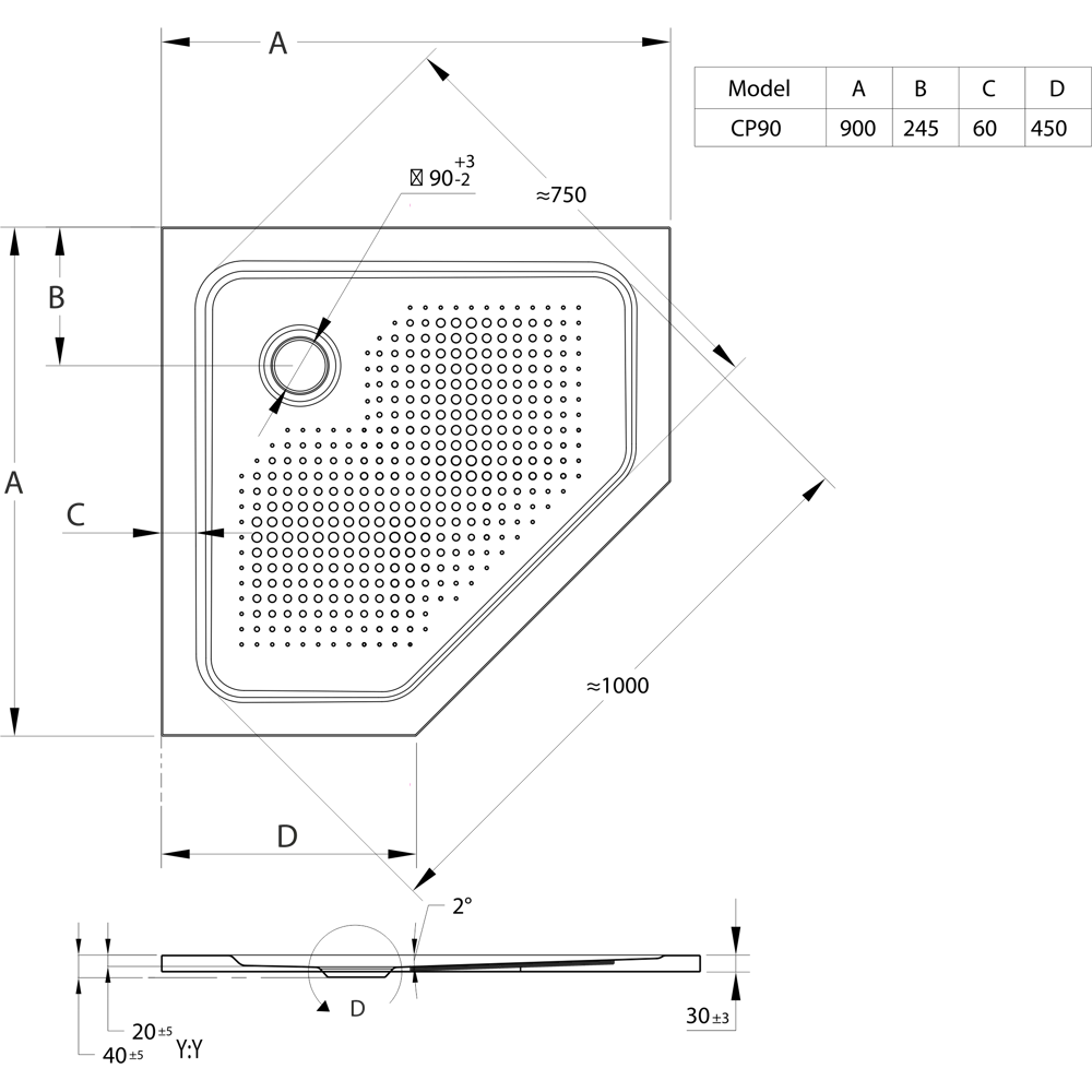 Душевой поддон BLB U HG пятиугольный сталь 90x90 см Без серии STLM-2122325 - Вид №3