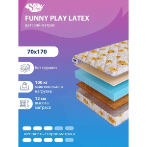 Матрас SkySleep FUNNY Play Latex 70x170 см беспружинный, детский, ортопедический, латексный, кокосовый