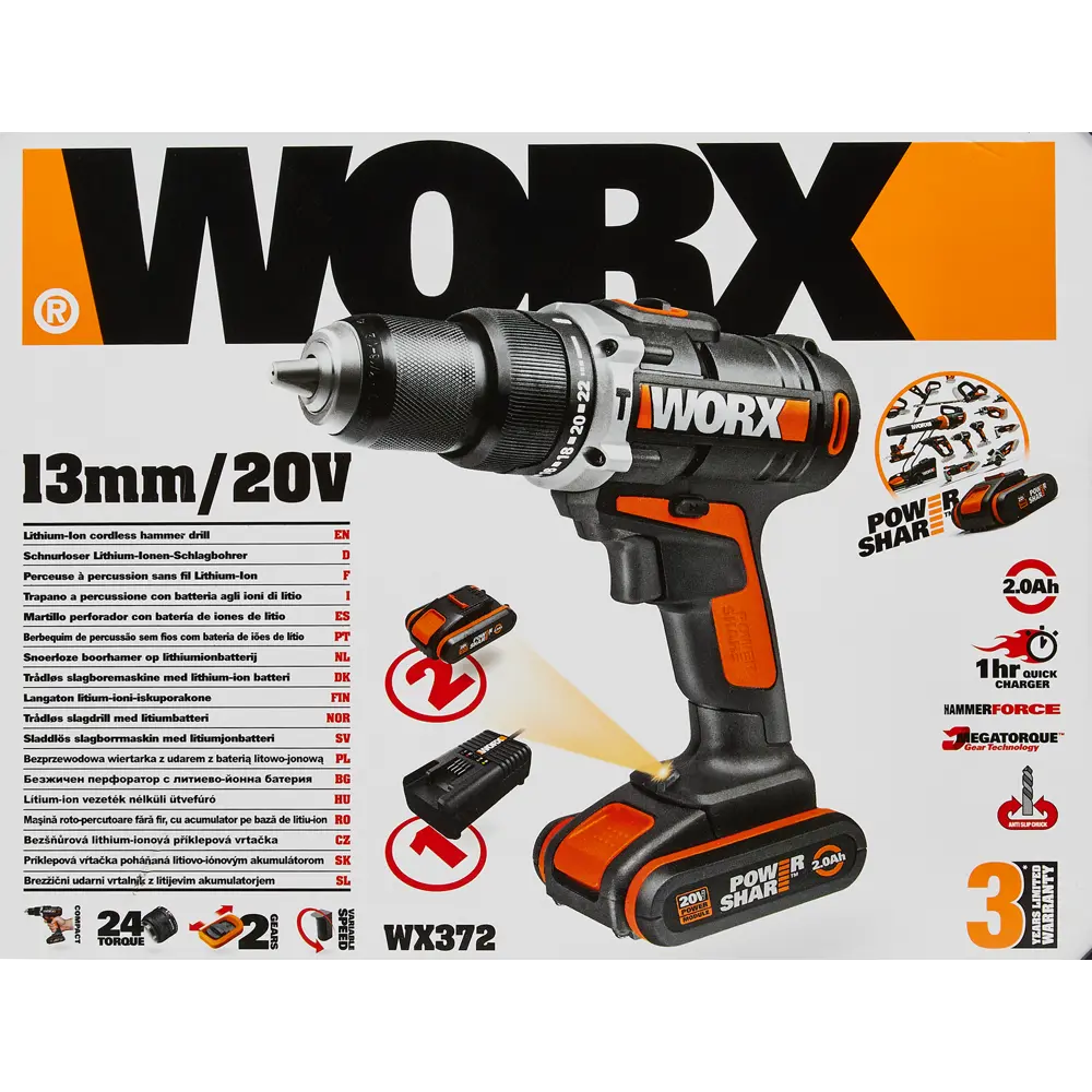 Дрель-шуруповерт аккумуляторная ударная Worx WX372, 20 В Li-ion 2x2 Ач STLM-2083519 - Вид №7