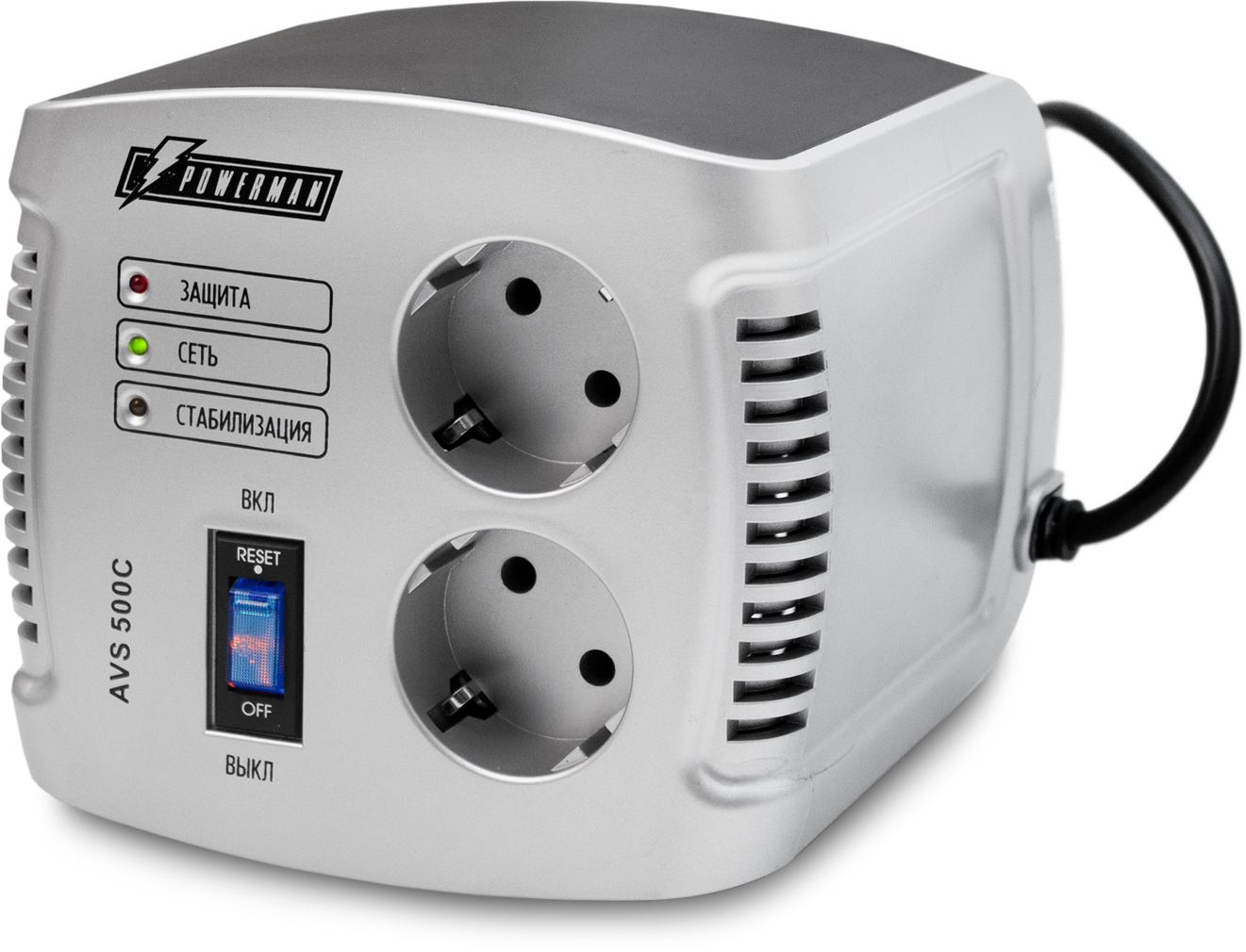 POWERMAN AVS 500 C Stabilizer avs 500c, step-type regulator, 500 va / 280w, 150-280v, maximum input current 4a, 2 eurosockets, ip-20, floor standing, 151mm x 126mm x 123mm, 1.4kg. POWERMAN Santreyd 