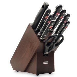 Набор кухонных ножей Classic: кухонные ножницы, вилка, мусат на темной деревянной подставке, 6 предм