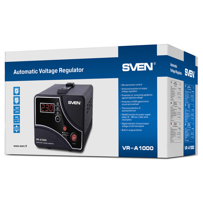 SV-014407 Stabilizer vr-a1000, relay, 1000va, 600w, 140-275v, 1 euro outlet, black, 230 ? 130 ? 140mm, 2.9kg. Sven Santreyd  - Вид №4