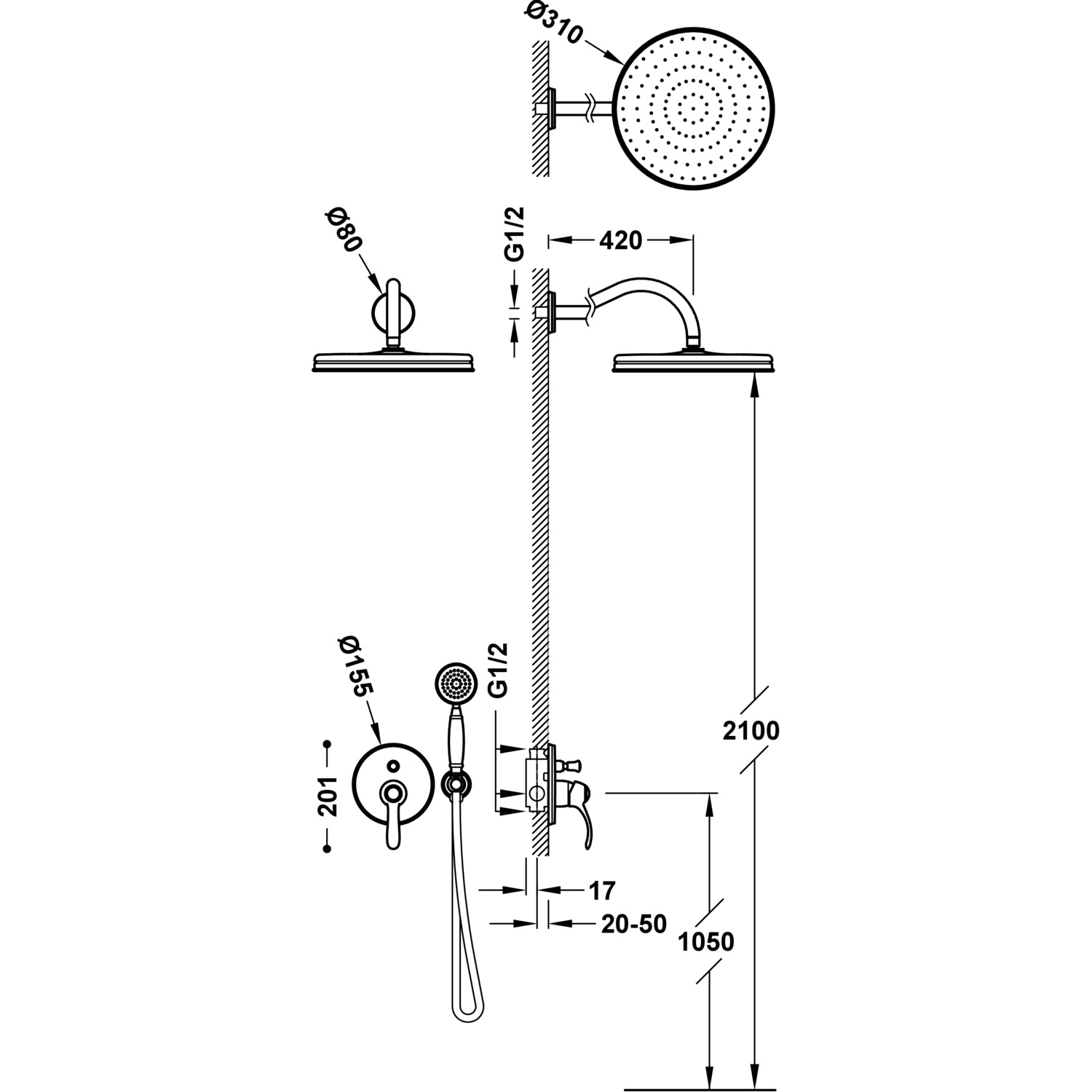 Комплект 2-ходового скрытого смесителя для душа TRES CLASIC с одной ручкой-24218003 TRES  - Вид №1