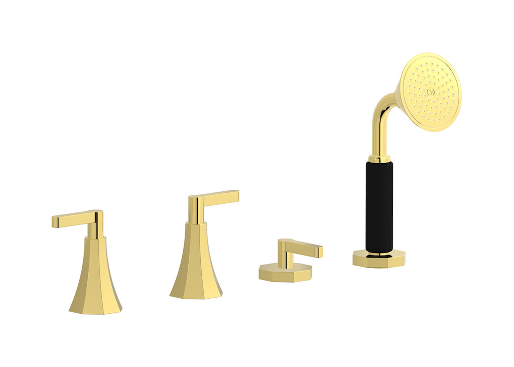 Смеситель на бортик ванной на 4 отверстия с изливом, дивертером и душевым гарнитуром. WE ARE IB bl397oo Gold Belmondo 