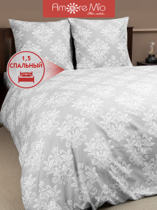 90668330 Комплект постельного белья Мако-сатин 26311, полутораспальный, микрофибра цвет серый / серебристый STLM-0330922 AMORE MIO