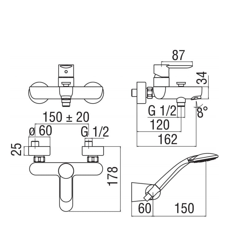 Настенный смеситель для ванны с ручным душем Nobili песок ARCH-00098235 - Вид №5