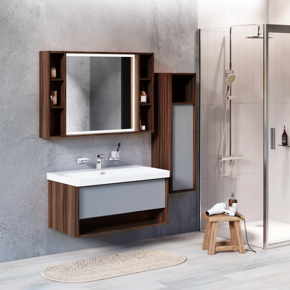 AM.PM Stern — подвесной шкаф для ванной с полкой 110x30 см в цвете орех 87021102 STLM-0072801 - Вид №11