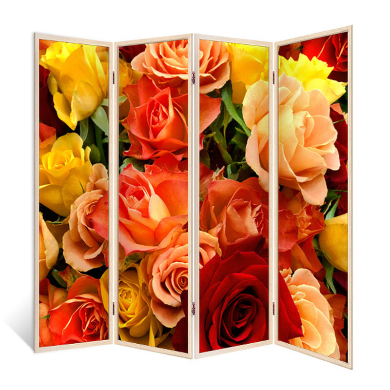 90459577 Ширма перегородка для комнаты деревянная "Осенние розы" двухсторонняя с картинкой (цветы) 4 створки кремовый дуб 176х185 см 14 кг STLM-0233437 ДЕКОР ДЕПО