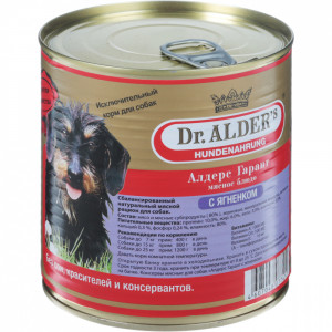 ПР0035368 Корм для собак Алдерс Гарант 80% рубленного мяса Ягнёнок конс. 750г Dr. ALDER`s