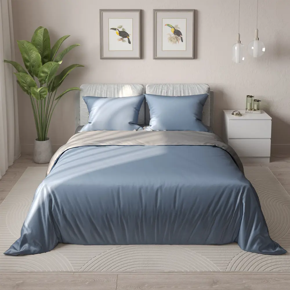 Комплект постельного белья НТК двуспальный полисатин в нежных бежево-голубых тонах 89404949 STLM-1565598