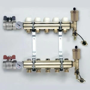 Коллекторная группа с кронштейнами, регулировочными и термостатическими вентилями TIEMME 1"x3/4"ЕК 8 выходов