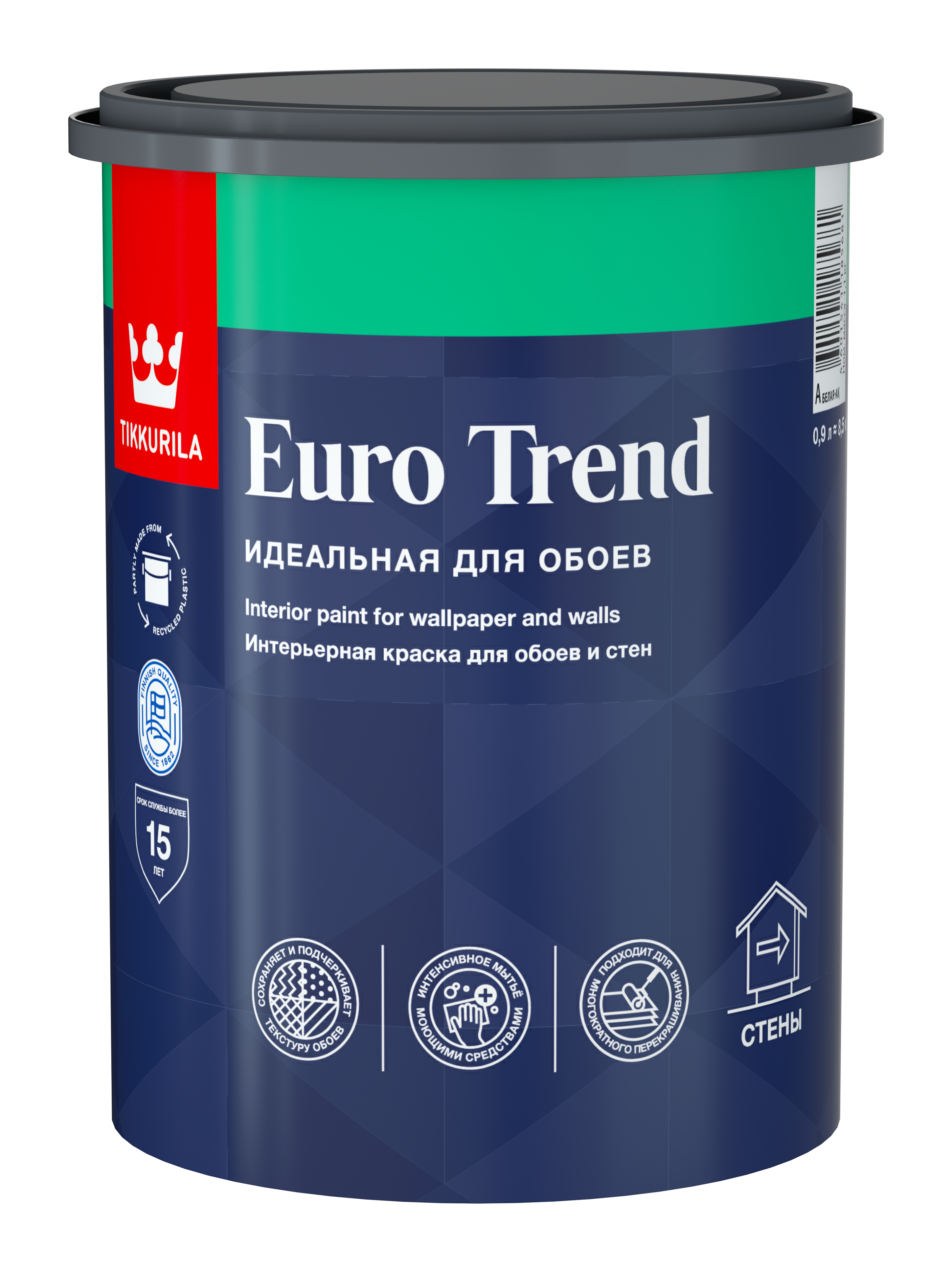 82115875 Краска интерьерная моющаяся для обоев и стен Euro Trend База A белая матовая 0.9 л STLM-0019449 TIKKURILA
