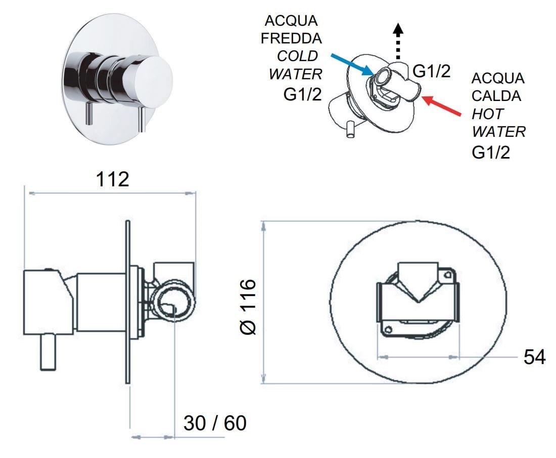Латунный встраиваемый однорычажный смеситель для душа с пластиной Daniel Rubinetterie Tokyo ARCH-00028899 - Вид №2