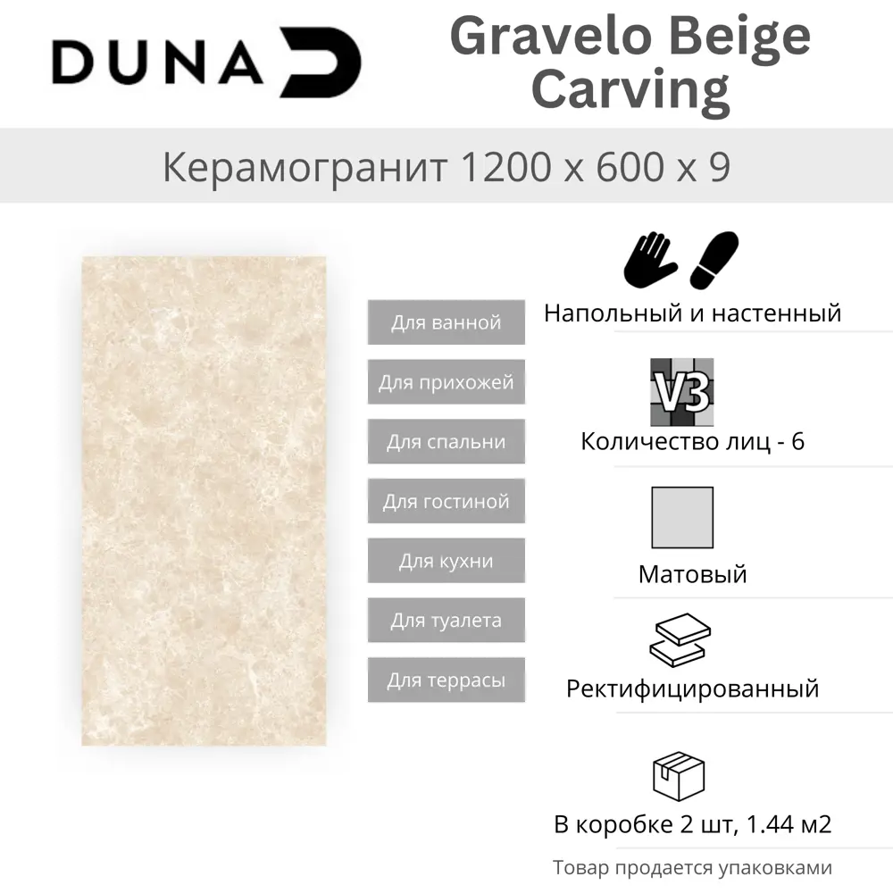 Глазурованный керамогранит Duna Gravelo Beige Carving 60x120 см 1.44 м² матовый цвет белый STLM-2014441 - Вид №3