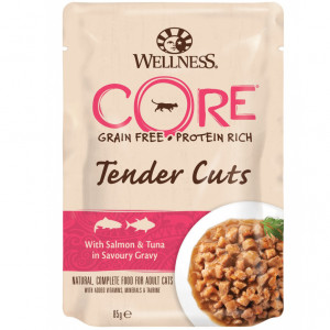 ПР0044886 Корм для кошек Core Tender Cuts нежные кусочки лосося и тунца в пикантном соусе пауч 85г Wellness