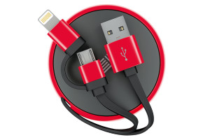19004004 Кабель-рулетка Lightning+Micro USB2.0, алюминий черно-красный, 0.9м 65588 Interstep