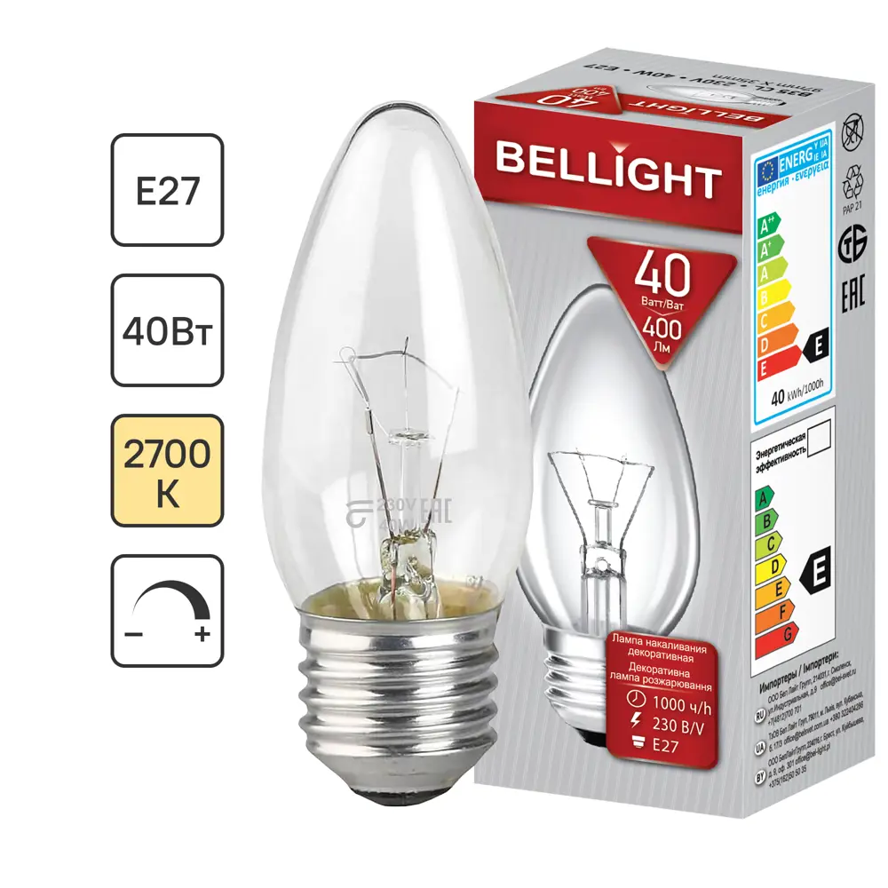 Лампа Bellight Е27 свеча 40Вт теплый свет для диммера 87491484 STLM-0074127