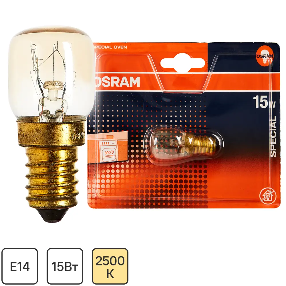 Лампа накаливания для духовки Osram трубчатая E14 15 Вт свет тёплый белый STLM-2074233