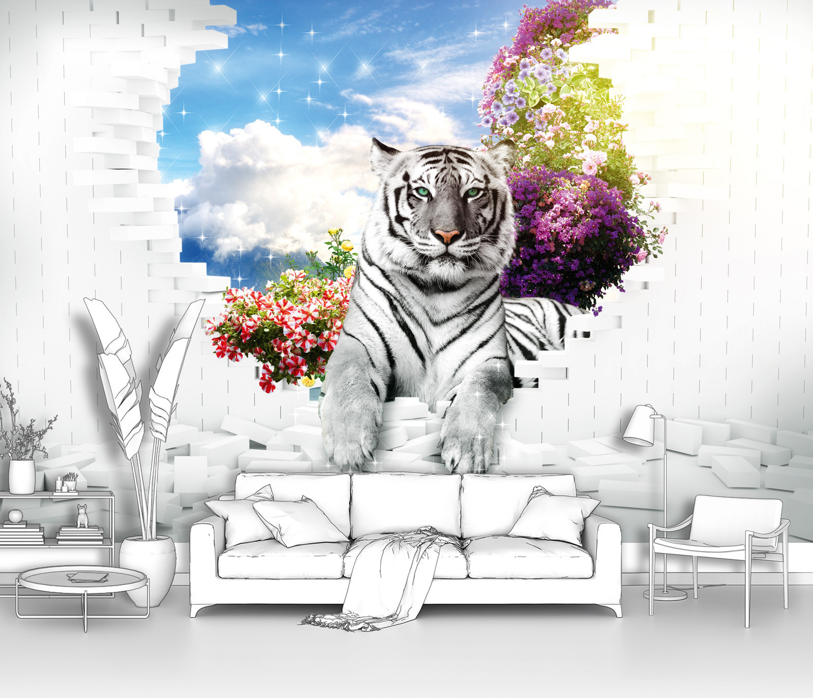 91004017 Фотообои флизелиновые 150х100 см Белый тигр в проломе кирпичной стены pw73815-1 STLM-0435048 ПЕРВОЕ АТЕЛЬЕ