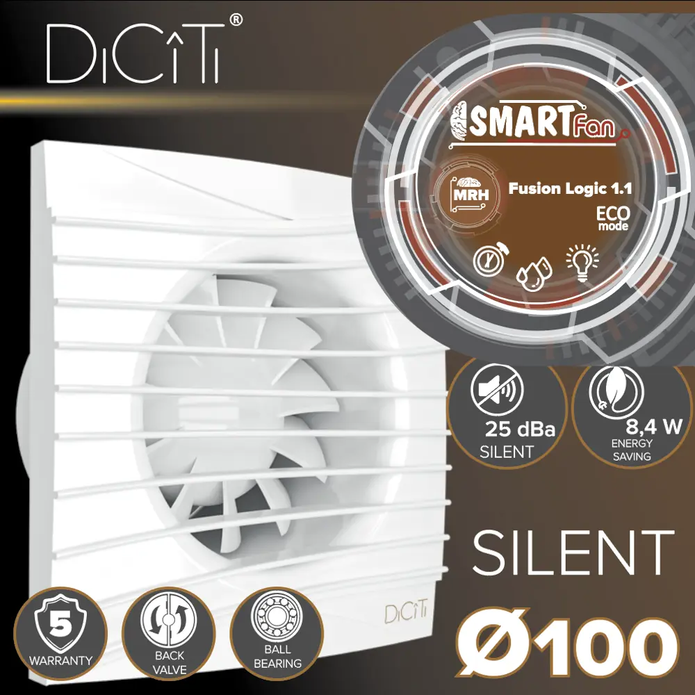 Вентилятор осевой вытяжной Diciti Silent 4C MRH D100 мм 25 дБ 90 м³/ч обратный клапан датчик влажности цвет белый 85225401 STLM-2085901  - Вид №3