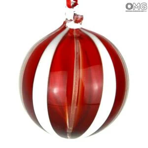 2641 ORIGINALMURANOGLASS Ёлочный шар Fantasy - в красную полоску - MURANO GLASS XMAS 8 см