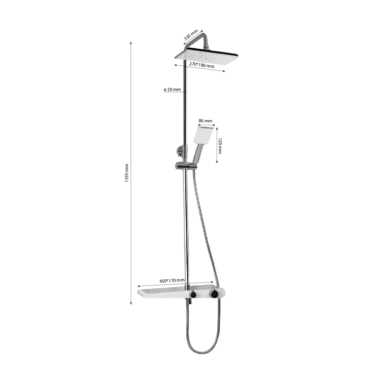 GFmark - Смеситель + стойка душевая "тропический душ" с двумя лейками, НОВАЯ СИСТЕМА, БЕЛЫЙ с ХРОМОМ, код: 3073  - Вид №2