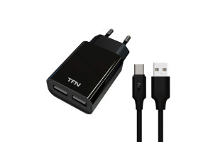 16384951 Сетевое зарядное устройство 2 USB 2.4А + кабель TypeC black -WC2U24AUSBCBK TFN