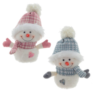 Новогодняя мягкая игрушка Снеговик в розовой/голубой шапке микс h 28 см