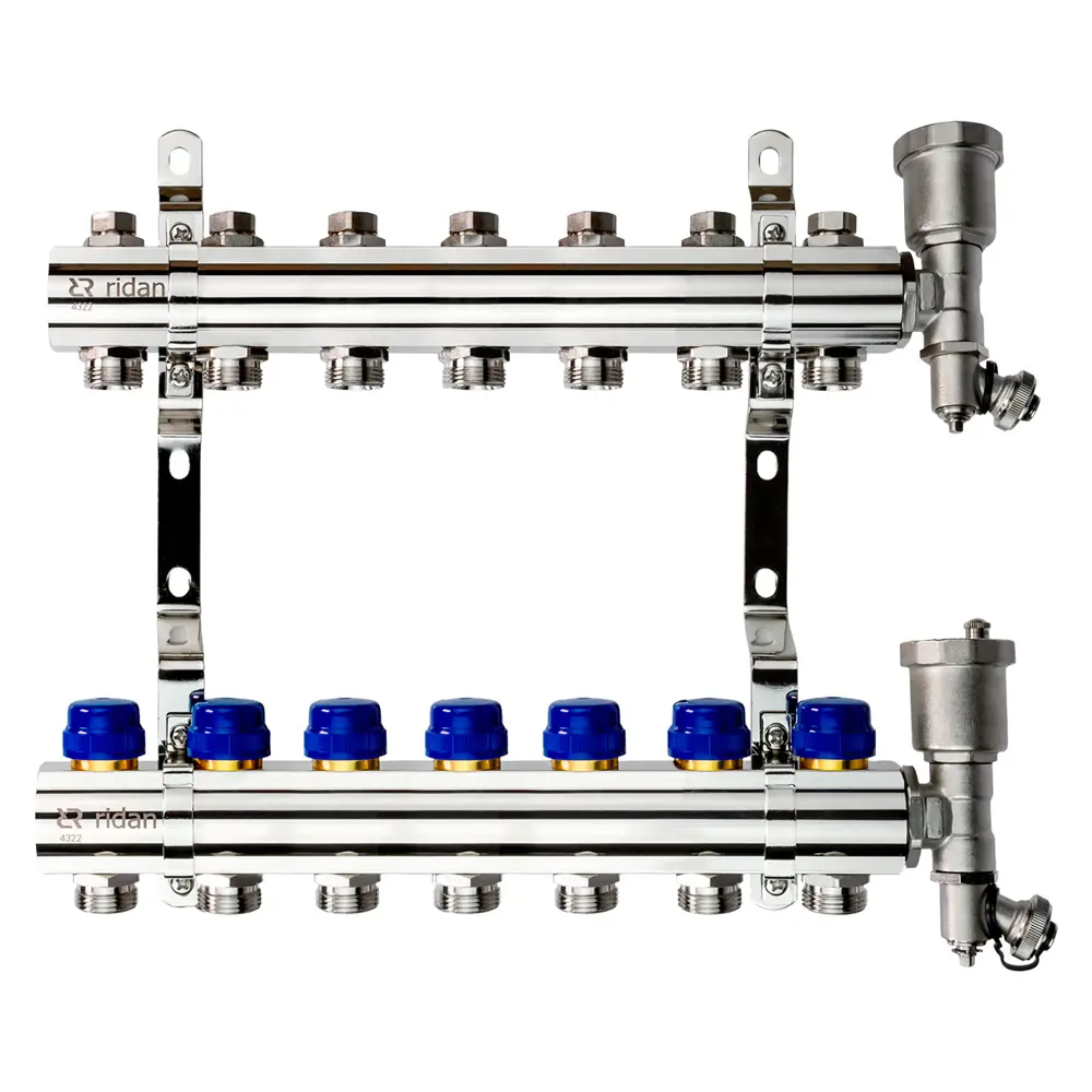 Коллектор Ридан на 7 выходов 1"x3/4" с кронштейнами и воздухоотводчиками латунь