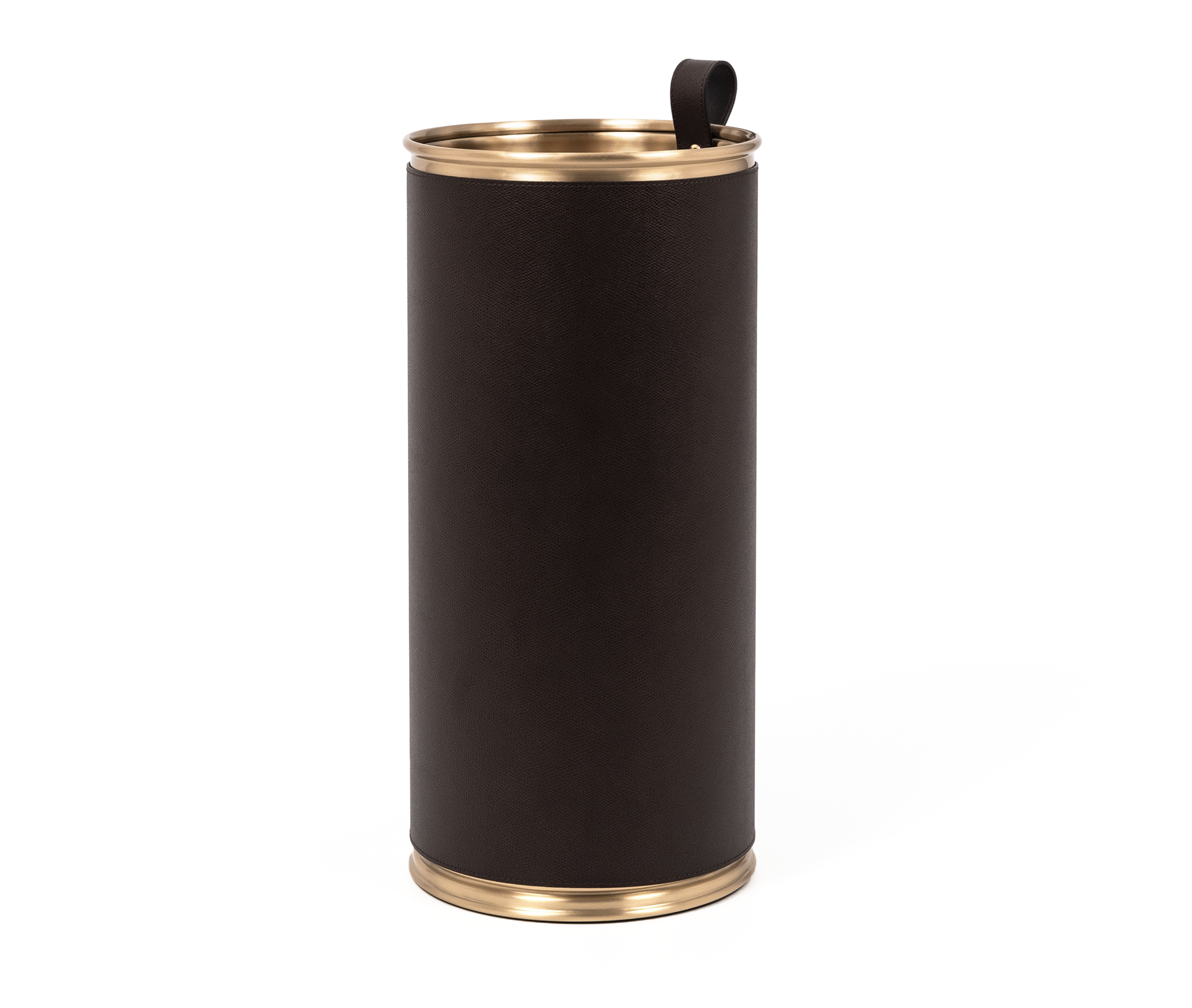 Подставка для зонтов - Ø 22XH48 см / металлическая отделка_сатинированная латунь / зерненая кожа_темно-серый