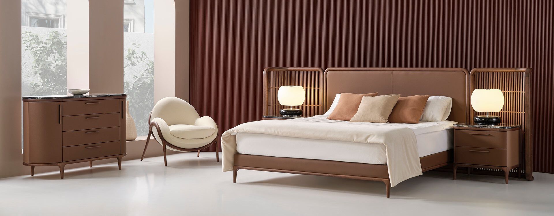 Двуспальная кровать из кожи и дерева Mobi груша ARCH-00039179 - Вид №1