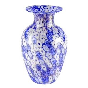 2446 ORIGINALMURANOGLASS Ваза миллефиори бело-синяя из муранского стекла - Original Murano Glass OMG 11 см
