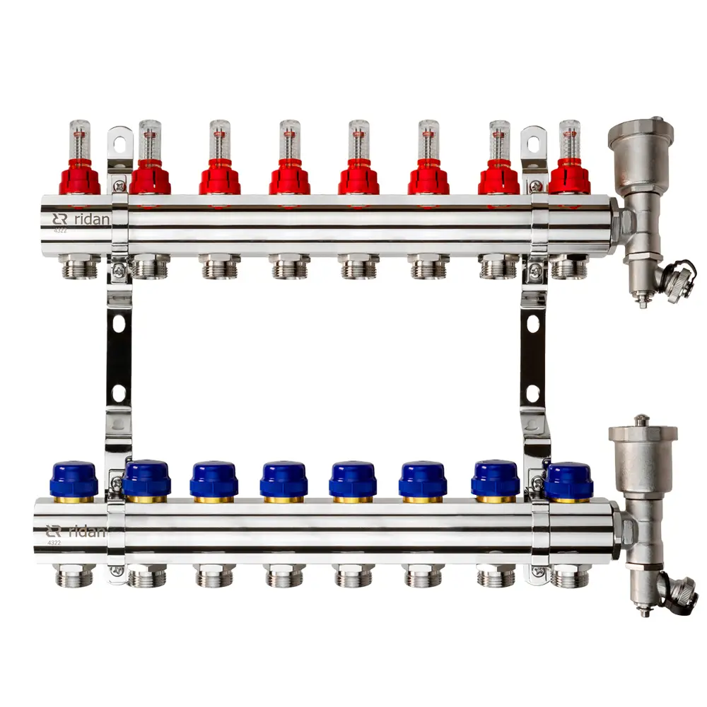Коллектор Ридан на 8 выходов 1"x3/4" расходомерами кронштейнами и воздухоотводчиками латунь