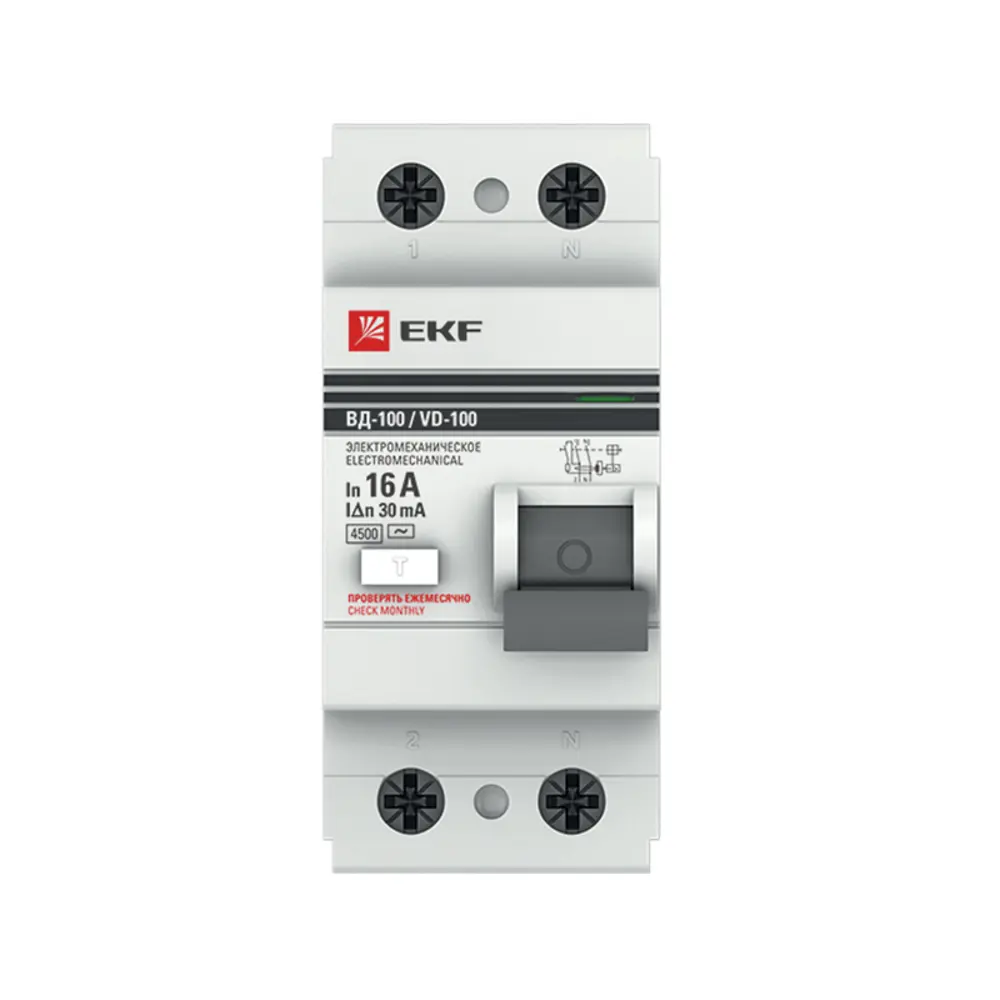 УЗО EKF ВД-100 2P 16 А 30 мА 4.5 кА АС elcb-2-16-30-em-pro STLM-2174261 - Вид №1