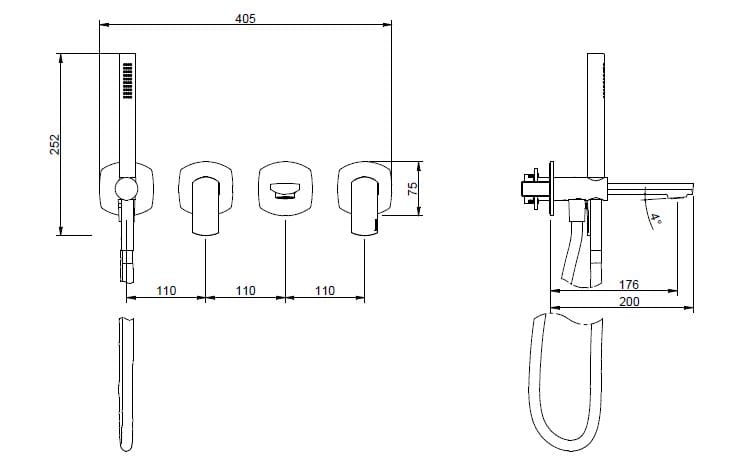 Латунный смеситель для душа / ванны с 4 отверстиями и ручным душем Rubinetterie Treemme Albatros ARCH-00053399 - Вид №2