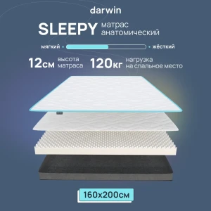 91594870 Матрас Darwin Sleepy 160x200x12 см беспружинный, двуспальный 91594870 Матрас Darwin Sleepy 160x200x12 см беспружинный, двуспальный