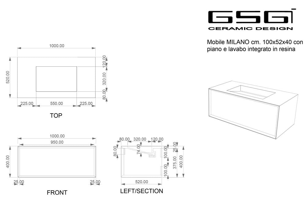 Подвесной шкаф для умывальника из МДФ со встроенной раковиной и ящиками GSG Ceramic Design Милан ARCH-00143491 - Вид №3
