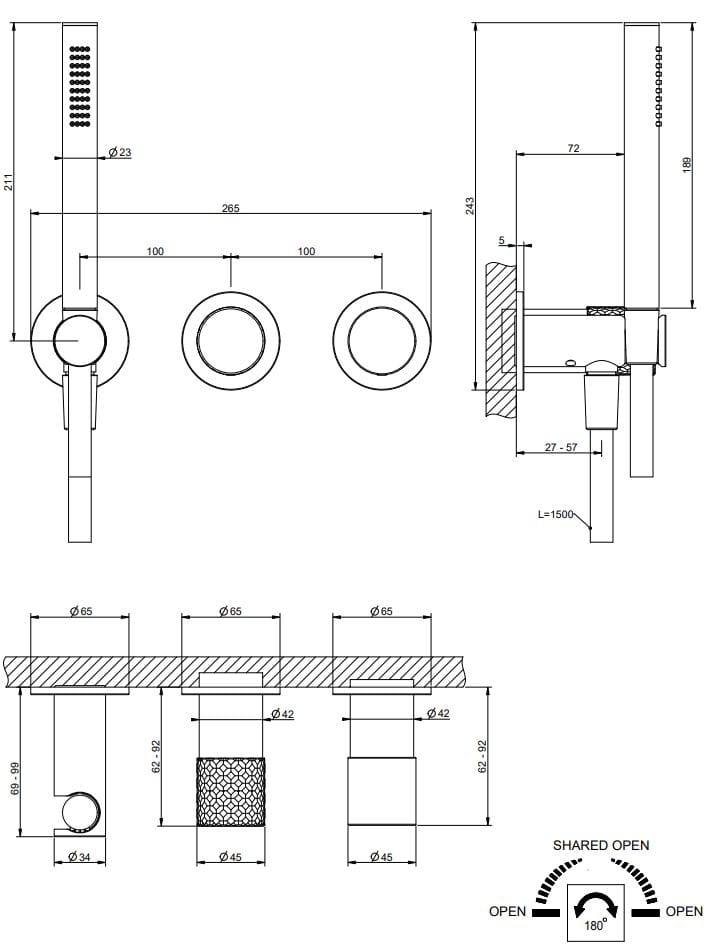 Смеситель для душа с 3 отверстиями из хромированной латуни Gessi Habito ARCH-00085835 - Вид №1