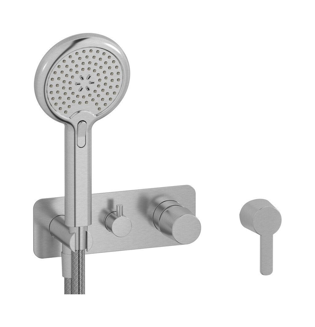 Внешние части встроенного в стену смесителя на 3 потребителя в комплекте с душевым гарнитуром. WE ARE IB tw206cc Brushed Nickel TAAAC