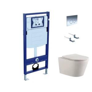 Комплект инсталляция с унитазом Вега с клавишей, безободковый, с микролифтом, цвет хром, арматура Geberit