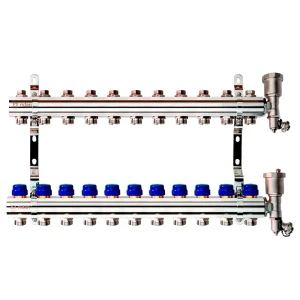Коллектор Ридан на 11 выходов 1"x3/4" с кронштейнами и воздухоотводчиками латунь