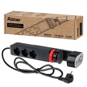 92017668 Удлинитель бытовой Ritter 32082 5 3 розетки с заземлением 1.4 м 3680 Вт c выключателем и USB цвет черный/красный STLM-1346964