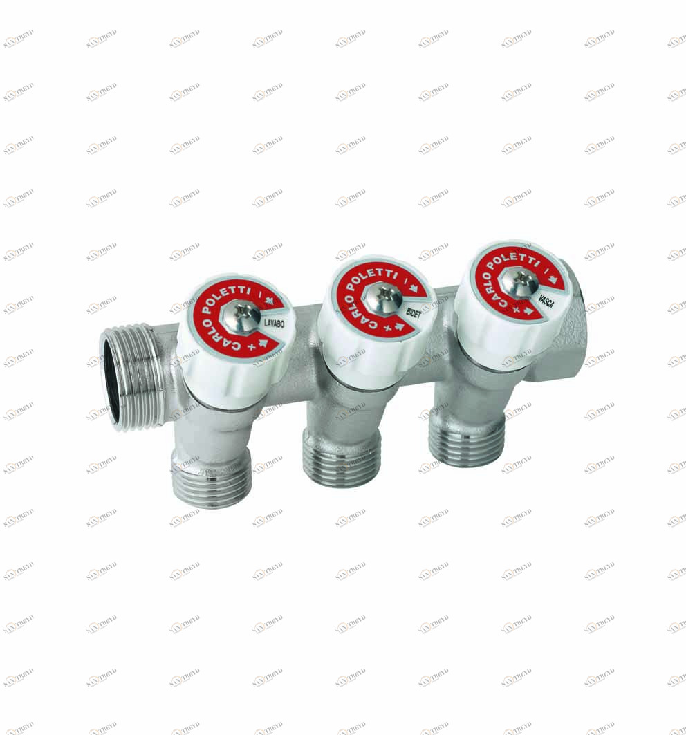 Carlo Poletti C52300QBI35 Коллектор сборный, с регулировочным клапаном. Ручка белая с идентификационными пластинками красный/синий. 3 ответвления, межосевое расстояние 35 мм 