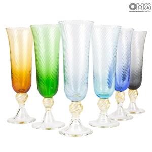 931 ORIGINALMURANOGLASS Набор из 6 разноцветных бокалов-флюте для шампанского - муранское стекло OMG 7 см