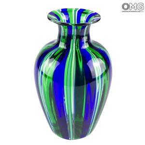 1509 ORIGINALMURANOGLASS Ваза Филигрань в сине-зелёную полоску - Муранское стекло 11 см