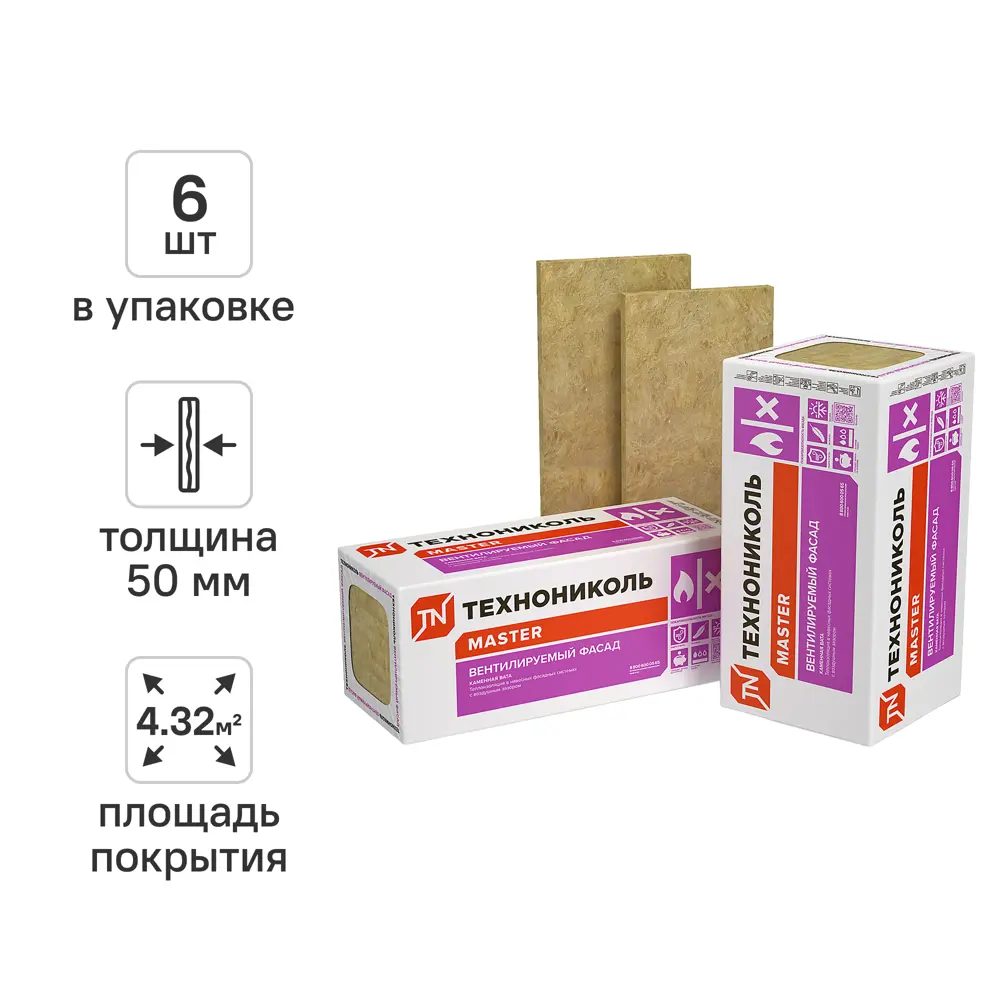 Утеплитель Технониколь ВентФасад 50 мм 6 шт 600x1200 мм 4.32 м² STLM-2096147