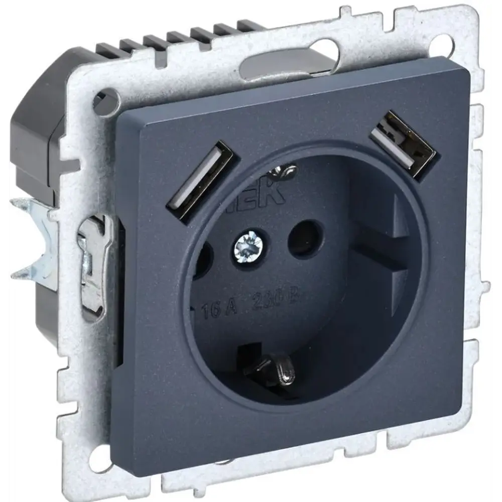 Розетка встраиваемая IEK Brite РЮш10-2-БрМ с USB с заземлением со шторками цвет маренго 89361846 STLM-2046426