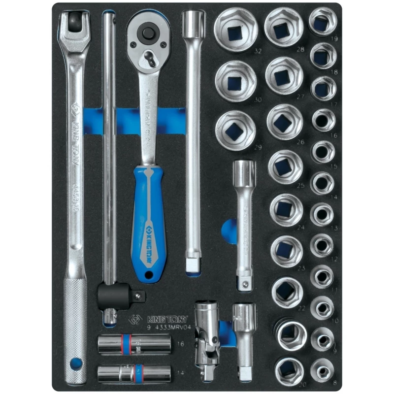 KING TONY Набор торцевых головок 1/2 с принадлежностями, шестигранные, ложемент, 33 предмета Верстакофф 9-4333MRV04