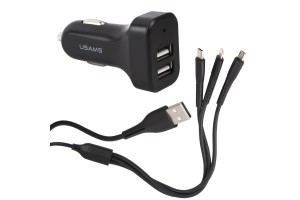 18074743 Автомобильное зарядное устройство C13 2.1A 2 USB + кабель U35, 3в1, 1 м, черный УТ000024854 USAMS