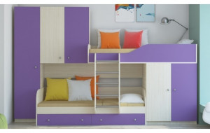 70421 Двухъярусная кровать Лео, дуб молочный / фиолетовый РВ-мебель